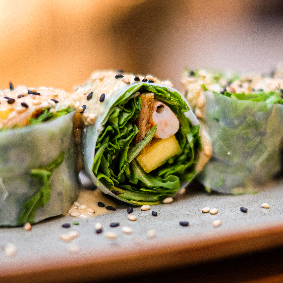 Oriental Bags. Rice paper roll stuffed with shrimp, mango, inari and arugula. 7.5 EUR. Japanese, Sushi, Asian