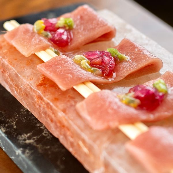 Himalyan Salt Rock. Chutoro with caramelized onion, kizami wasabi and passion fruit, on Himalayan rock salt. 13 EUR. Japanese, Sushi, Asian