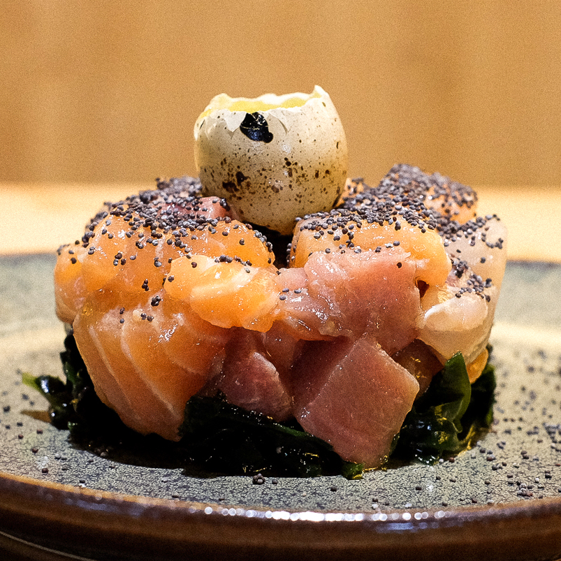 Fish Wakame. Salad of fish marinated in truffle oil, poppy seeds and quail egg. 13 EUR. Japanese, Sushi, Asian