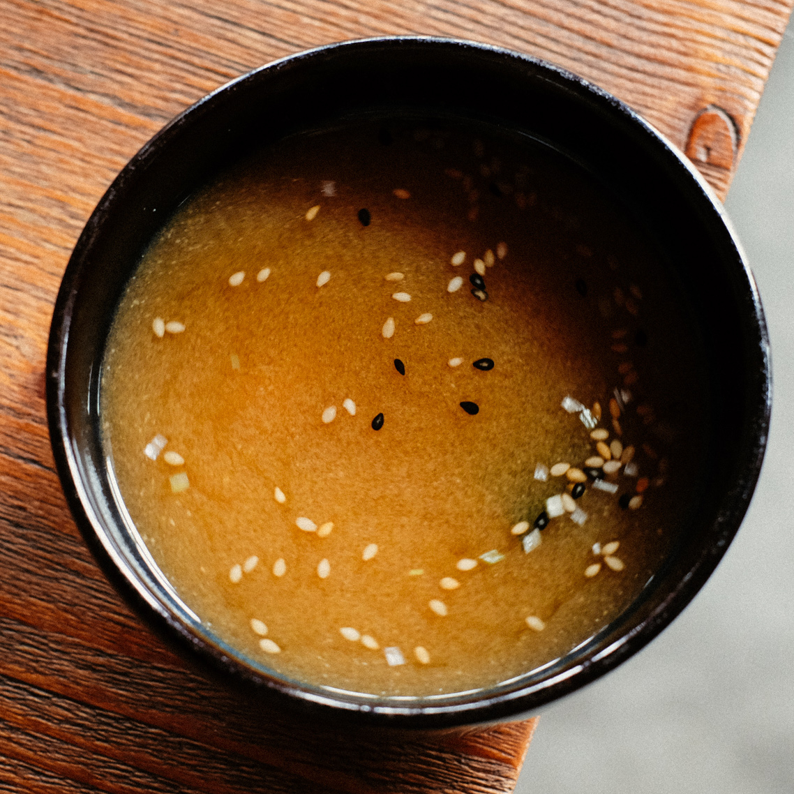 Miso Shiro. Miso broth with seaweed, tofu, spring onion and sesame seeds. 3 EUR. Japanese, Sushi, Asian