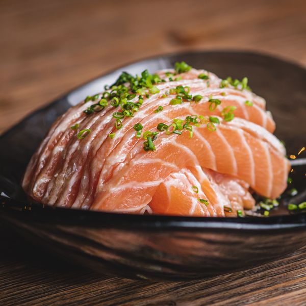 Salmon Belly. Salmon belly strips with ponzu sauce and chives. 9 EUR. Japanese, Sushi, Asian